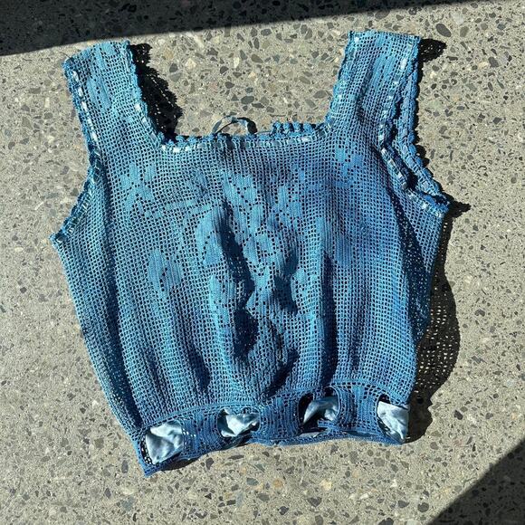 Women’s XXS Blouse Blue Crochet Sleeveless Satin Ribbon Edwardian 1900 Antique - Picture 1 of 2